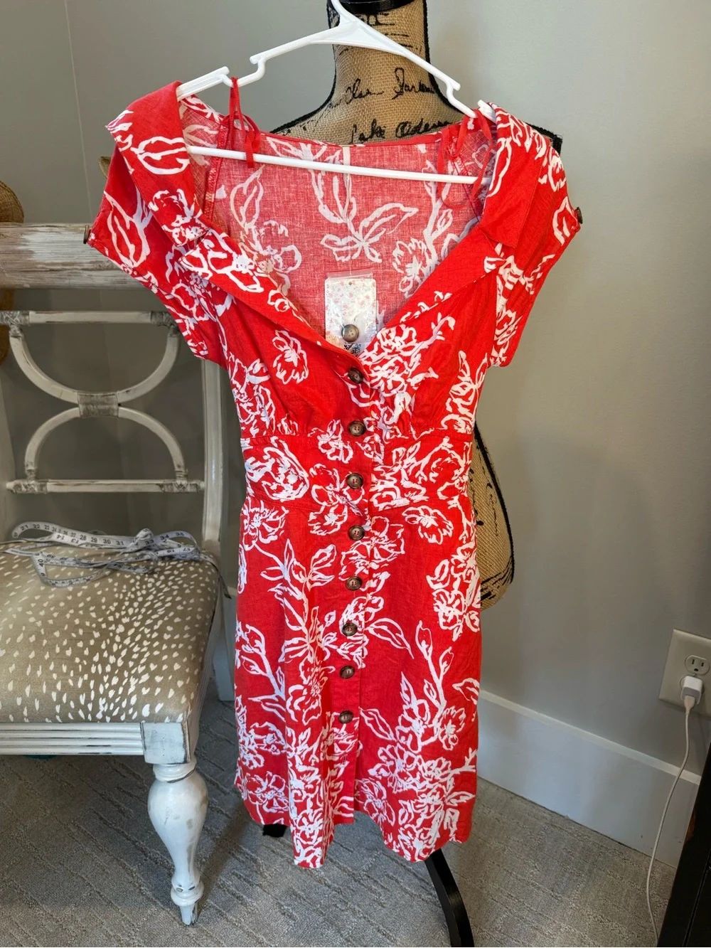 Free People Red & White Floral Button-Front Mini Dress